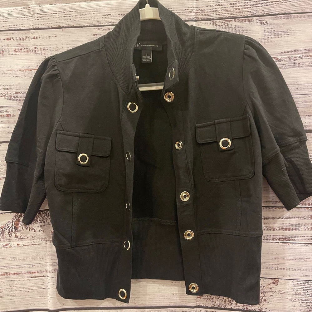 INC, International Concepts cropped cardigan with metal embellishments